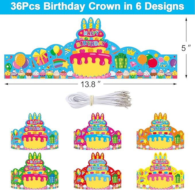 36 Pack Birthday Crowns for Kids Colorful Paper Party Hats Birthday Crown Set for Teachers Students Classroom