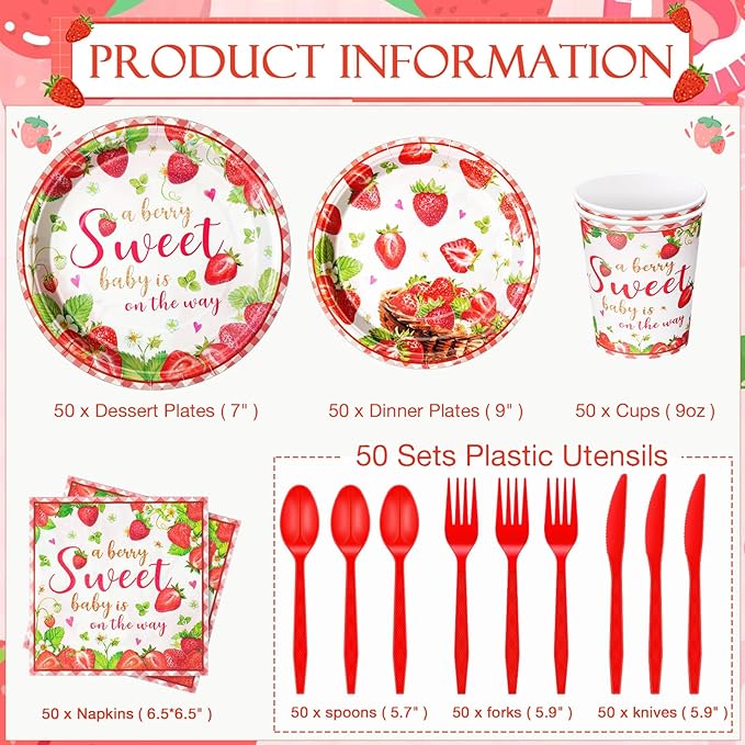 350 Pcs Sweet Baby Shower Party Supplies a Berry Sweet Baby Is on the Way Tableware Set Strawberry Disposable Plates Napkins Paper Cup Plastic Cutlery Serves 50