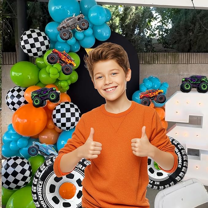 132pcs Monster Truck Birthday Decorations for Boys – Colorful Balloon Arch Kit with Wheels Foil Balloons, Truck Cutouts, Orange Green Blue Balloons, Racing Party Supplies for Kids