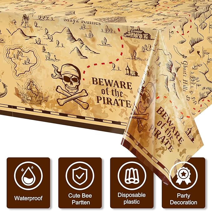 Irenare 1 Piece Pirate Tablecloth for Party Decor - 54 x 108 Inches Pirate Treasure Map Tablecover Plastic Island Treasure Table Covers Navigation Supplies for Birthday Party Decoration