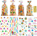100 PCS Happy Birthday Cellophane Treat Bags(5x11 Inch) with Ties Colorful Plastic Goodie Candy Cookie Goody Loot Gifts Bags Bulk Pouches for Birthday Party Favors Supplies Decorations for Kids