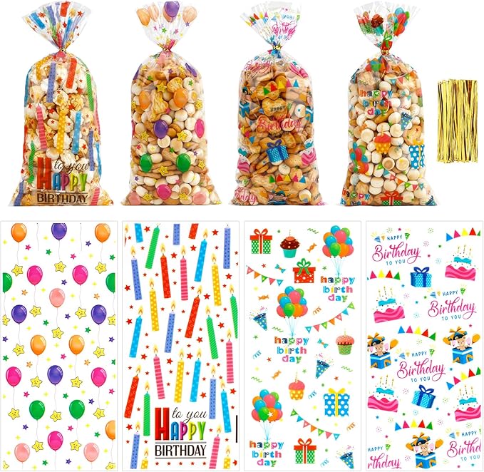 100 PCS Happy Birthday Cellophane Treat Bags(5x11 Inch) with Ties Colorful Plastic Goodie Candy Cookie Goody Loot Gifts Bags Bulk Pouches for Birthday Party Favors Supplies Decorations for Kids
