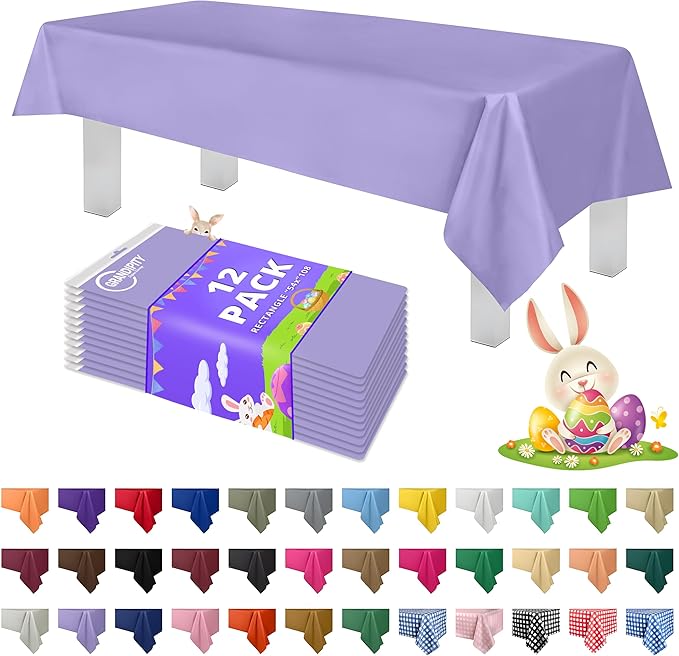 Grandipity 12 Pack Premium Disposable Plastic Tablecloth 54 Inch. x 108 Inch. Decorative Rectangle Table Cover - Lavender