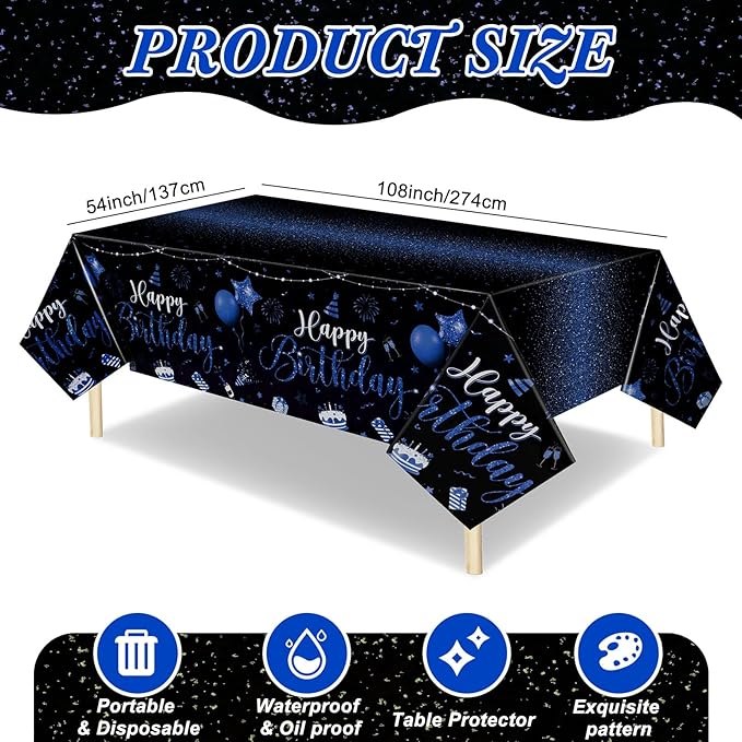 Tudomro 1 Pcs Happy Birthday Tablecloths Happy Birthday Party Decorations Plastic Table Cover Rectangular Cloths for Women Men Baby Shower Party Supplies, 108 x 54 Inch (Black Blue)