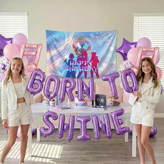 Purple pink Balloon Arch Garland Kit with backdrop Tablecloth Musical symbols Star “born to shine” letter mylar balloons for kpop music Birthday Decorations Y2K Movies fans Prom Party Supplies