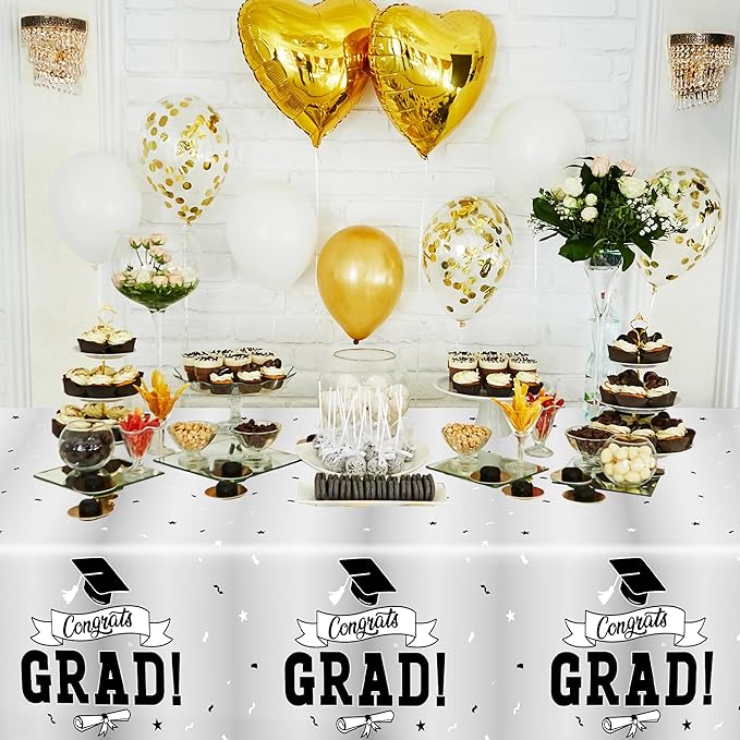 QZYL 2 Pcs 2026 Graduation Table Decorations, 108" X 54" Silver Graduation Table Cloths, Rectangle Tablecloth for Grad Party Supplies, Disposable Plastic Tablecover for Class 2026 Congrats Grad