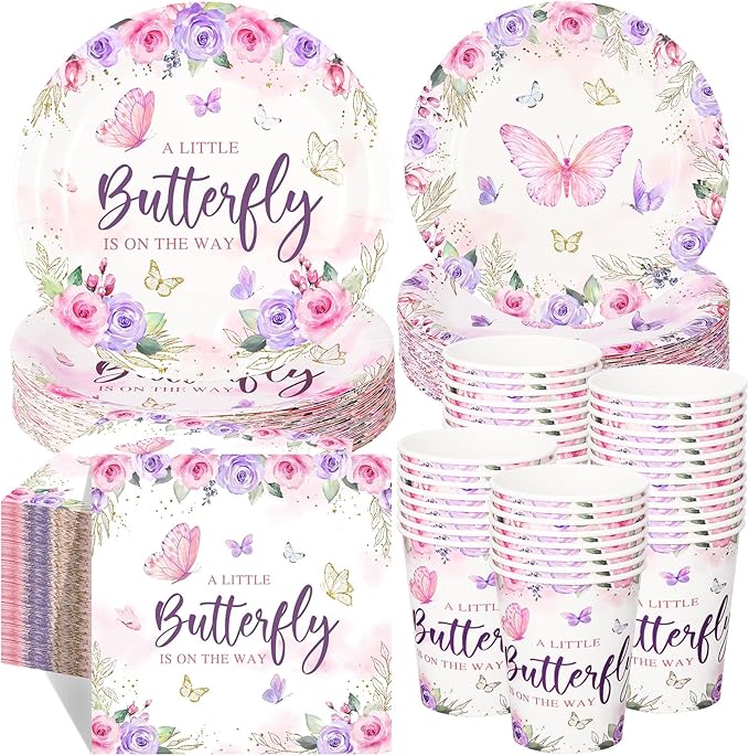 250 Pcs Butterfly Baby Shower Party Tableware Set a Little Butterfly Is on the Way Baby Shower Decorations Pink Purple Floral Paper Plates Napkins and Cups for 50 Guest(Cute Style)