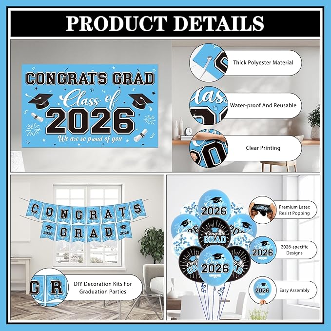 Graduation Decorations 2026 Light Blue Party Decor Set with Congrats Grad Banner, Class of 2026 Backdrop, Balloons, Box & Streamers Supplies for High School & College Celebrations