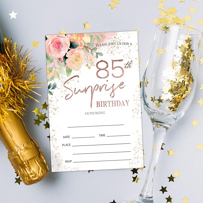 Zodvery Surprise 85th Birthday Party Invitations Cards - 85 Years old Rose Floral Pink Theme Party Supplies for Adult, Woman or Man - 20 Fill in Birthday Party Invitations and 20 Envelopes set/67
