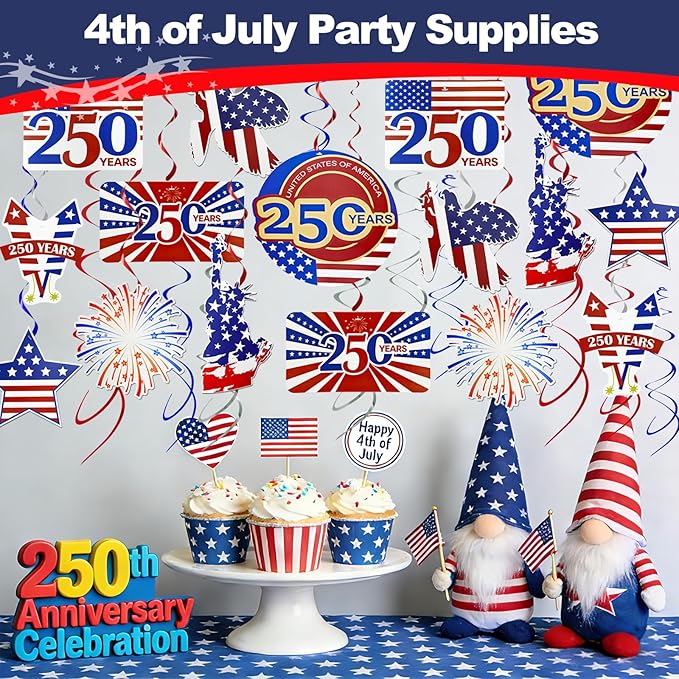 TURNMEON 30 Pcs USA 250th Anniversary 4th of July Decorations Fourth of July Party Supplies Red White Blue Decorations American Flag Stars Hanging Swirls Patriotic Party Favors Independence Day Decor