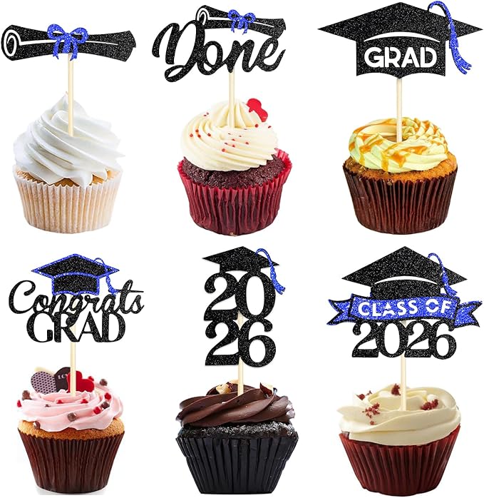 24 Pack 2026 Congrats Grad Cupcake Toppers Set, Graduation Cupcake Decor, Class of 2026 Cupcake Picks for Senior High School College Grad Party Decorations(Black with Royal Blue) A