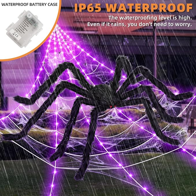 Halloween Decorations Outdoor and Indoor,250 LED Halloween Spider Web Light Decorations with 59" Giant Spider & 20g Stretch Cobweb,200" Large Light Up Spider Web for Yard(Purple)