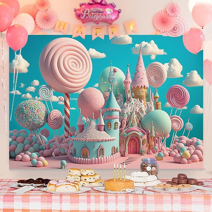 15x8ft Candyland Backdrop Fantasy Pink Sweet Candy Castle Photography Background Children's Birthday Party Candyland Theme Decorations Banner Photo Studio Props