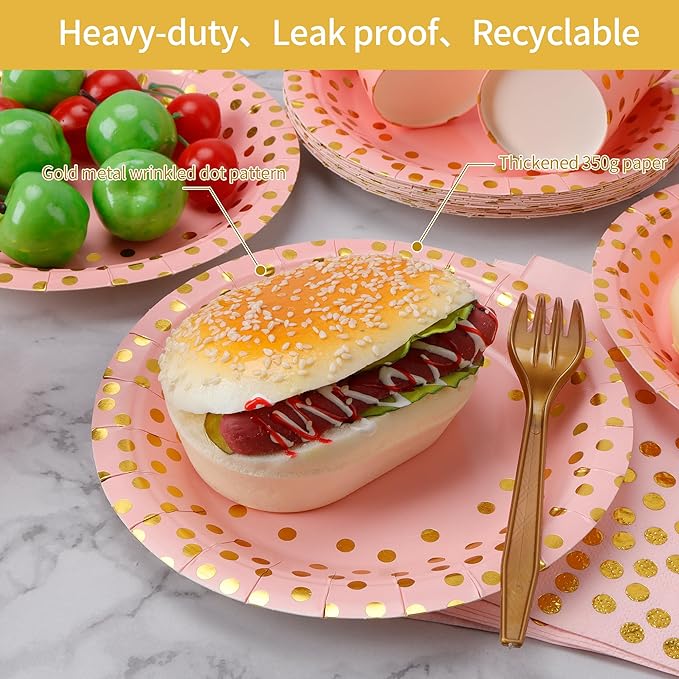 160 Pcs Pink And Gold Paper Plates(7 inches), Birthday Cake Party Plates And Napkins, Wedding Disposable Utensils Serves 40 (Pink)