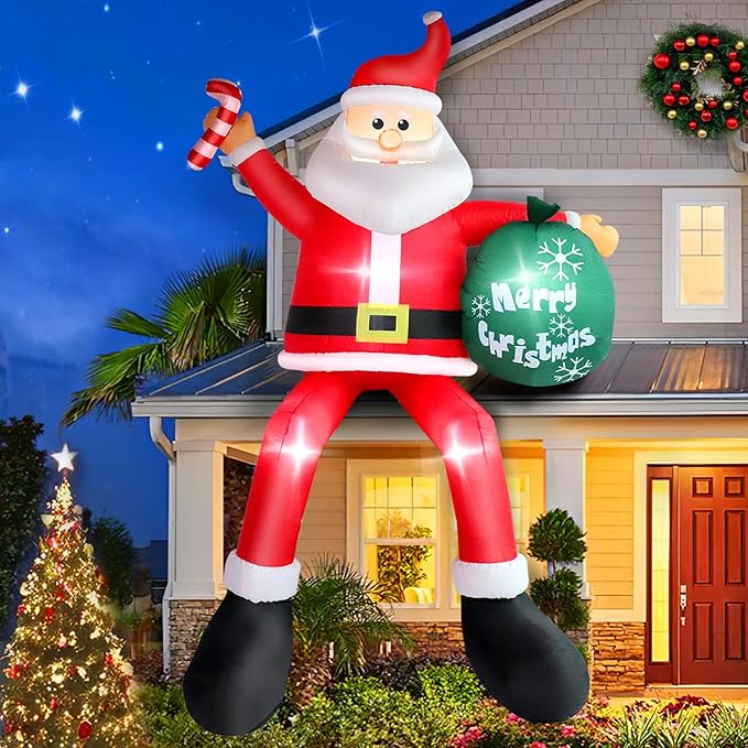 8 FT Inflatable Sitting Santa Claus Christmas Outdoor Decorations, Blow Up Santa Claus with Gift Bag Sitting on Roof Wall Tree Chair, Outdoor/Indoor Decorations for Street House Patio Bench Shrubs