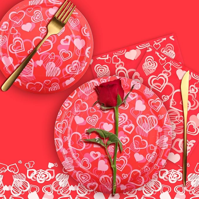 Gatherfun Valentine's Party Supplies Hot Heart Love Disposable Paper Plates Napkins Waterproof plastic Tablecloth for Valentine's , Engagements, Anniversary, Birthday Party Serve 50