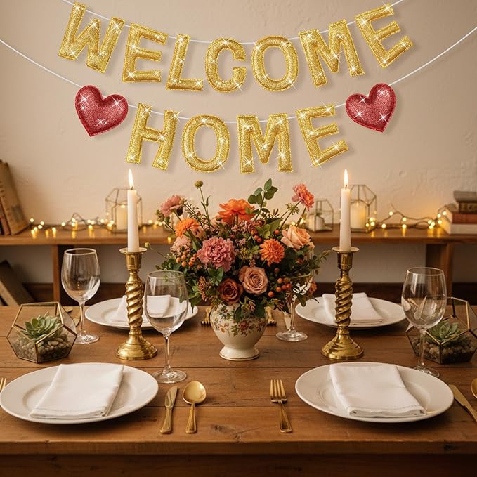 Tegeme Felt Welcome Home Banner, Pre-strung Glitter Welcome Garland Reusable Colorful Rainbow Decoration for Woman, Man Party Photo Prop(Yellow)