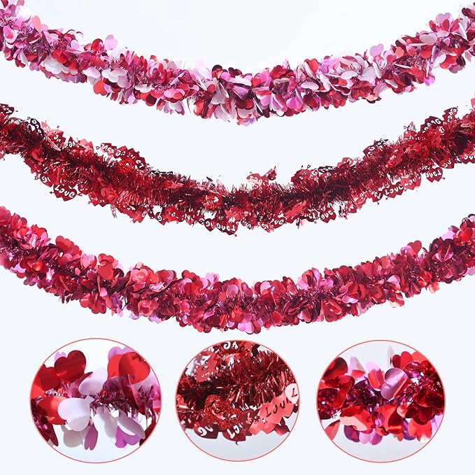 Meag-L Valentines Day Decorations 29.5Ft Heart Tinsel Garland 3PCS Red Pink White Valentines Day Decor Metallic Hanging Wreath Supplies for Home Mantle Tree Indoor Outdoor Wedding Galentines Day