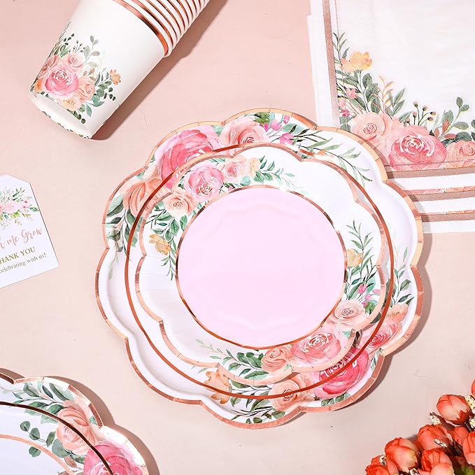 Whaline Floral Tableware Set Pink Flower Rose Gold Foil Disposable Party Supplies Scalloped Plates Paper Napkins Cups for 25 Guests Spring Wedding Bridal Baby Shower Birthday