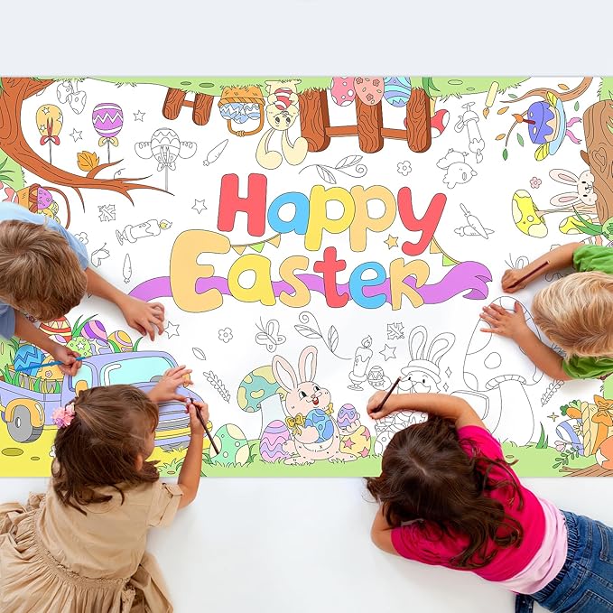Happy Easter Giant Coloring Poster Large Easter Party Tablecloth for Kids, DIY Truck, Eggs,Rabbits, Chickes, Letters, Coloring Party Activity Poster & Table Cover,53x33 inches Jumbo Banner
