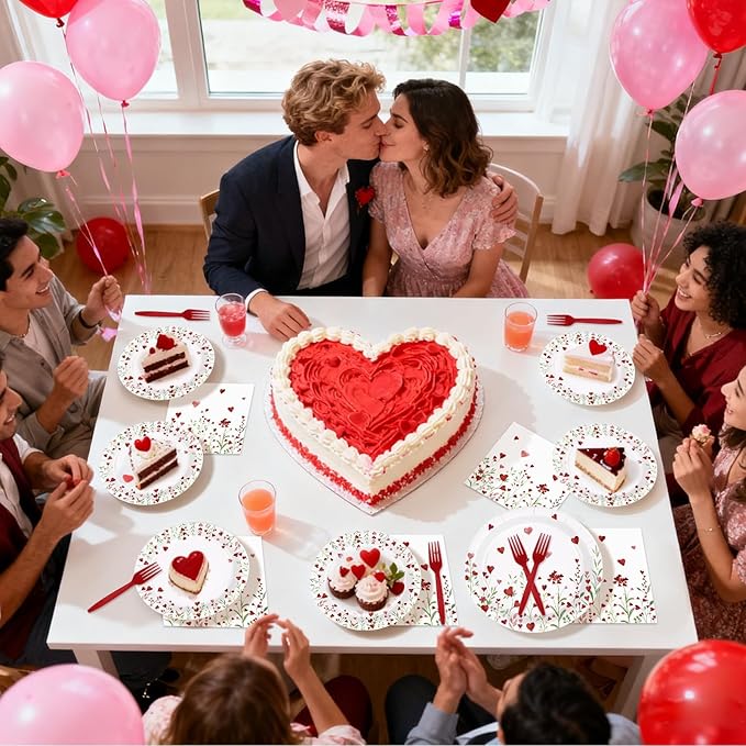 96 Pcs Floral Decorations Disposable Love Heart Flowers Paper Plates and Napkins Watercolor Lovely Flowers Tableware Set for Spring Anniversary Wedding Supplies, Serves 24