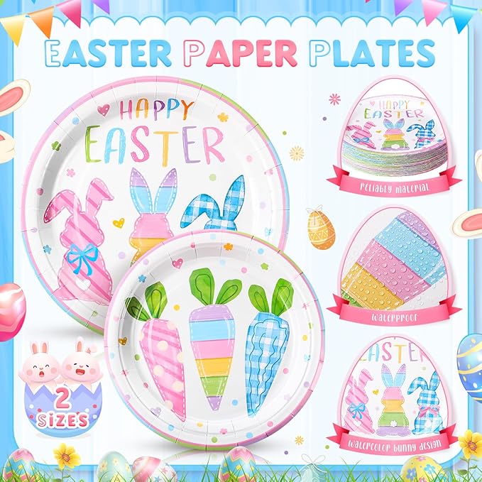 Honeydak 210 Pcs Happy Easter Party Supplies for 30 Guests, Includes Colorful Bunny Plates, Cups, Napkins, Cutlery - Cute Rabbit Carrot Tableware Decoration for Baby Shower Easter Party