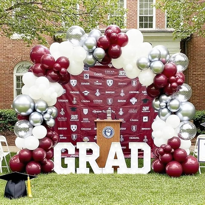 Maroon Graduation Party Decorations/Graduation Decorations Maroon White 2026/Burgundy Balloon Arch Kit, Burgundy White Silver Confetti Balloons 134pcs/Birthday Wedding Bachelorette Party Decor