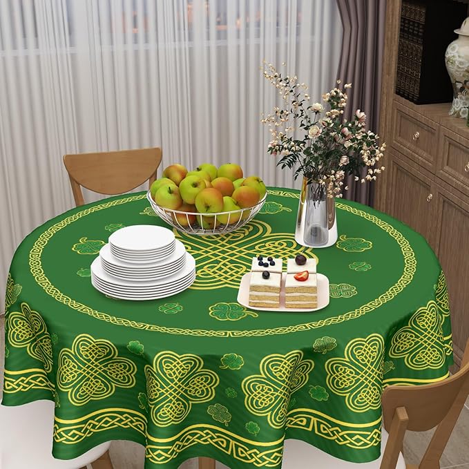St. Patrick's Day Round Tablecloth 60 Inch Leaf Clover Pattern Circle Table Cloth Green Shamrock Table Cover Washable Polyester Indoor Decorations for Home Kitchen Dinning Party