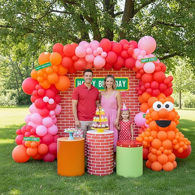 Sesame Friends Birthday Party decorations Cartoon Theme primary color Balloon Garland Kit Red Orange Pink White Latex Balloon Arch With background For kid birthday supplies Back to School decorations