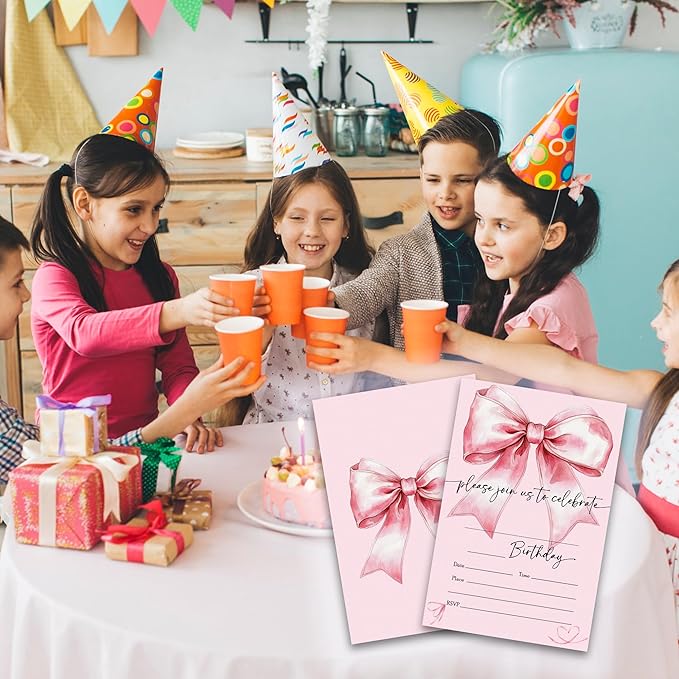Watercolor Pink Bow Birthday Party Invitations - 20-Pack of 4''x6'' Invite Cards with Envelopes, Double-Sided Fill In Birthday Party Celebrate Supplies & Decoration For Girls Women Teens - A01