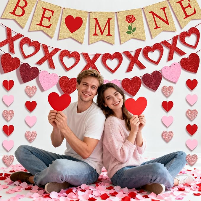 4PCS Pre-strung Valentine’s Day Banner, Valentine’s Day Decorations Include NO DIY Valentines Banner Heart XO Felt Sign Heart Garlands for Home Mantle Fireplace Wall Decor