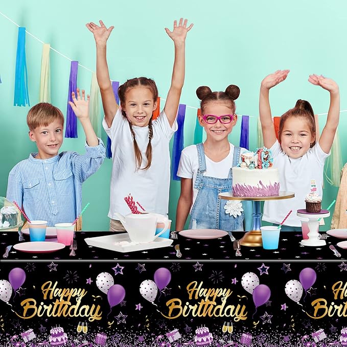 Breling Birthday Party Supplies Confetti Sprinkles Happy Birthday Tablecloths Starry Table Covers for Party Decorations, 54 x 108 Inches(Purple and Black,3 Pack)