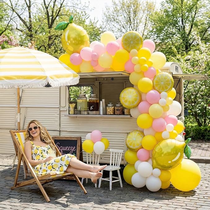 Yellow pink lemon Balloon Garland Arch kit with Sun lemon mylar Balloons for Summer birthday main squeeze Bridal Shower Sweet Baby shower Lemonade Party Decorations lemonade stand supplies