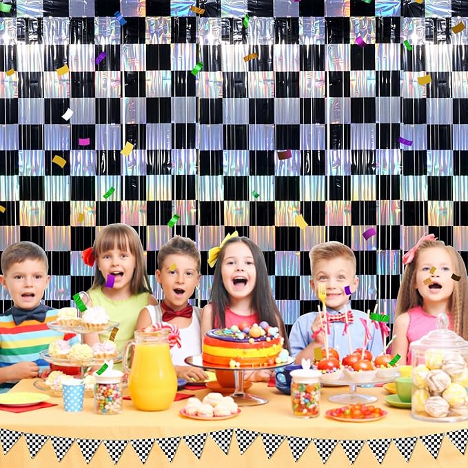 4 Pack 3.3Ft x 6.6Ft Race Car Checkered Foil Fringe Curtain Backdrop Decorations, Black Iridescent Metallic Tinsel Foil Streamers Curtain Photo Booth for Race Car One Happy Dude Birthday Party Decor