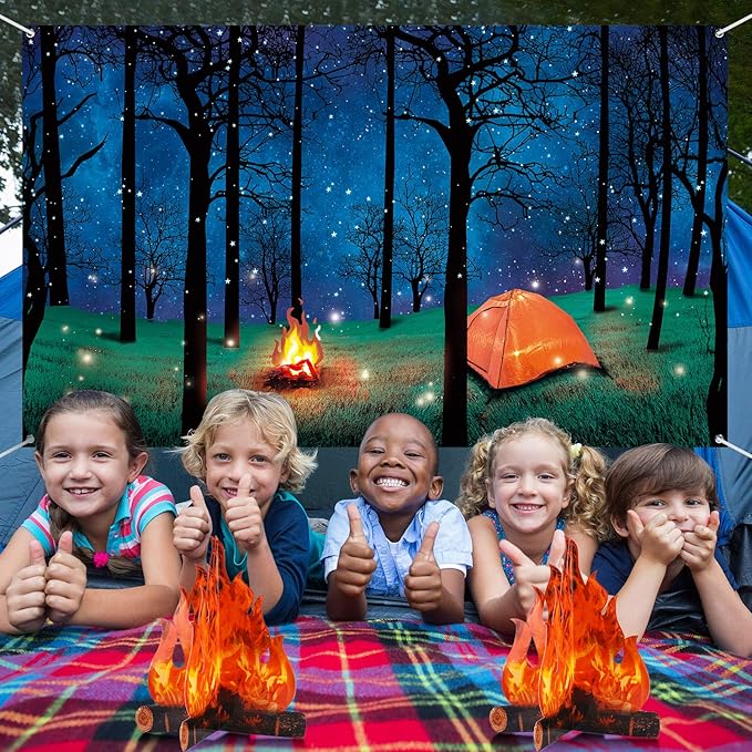 Forest Scene Camping Backdrop Photography Background Campfire Photo Backdrop and 2 Sets 3D Decorative Cardboard Campfire Centerpiece Artificial Fire Party Decoration for Camping Theme Party