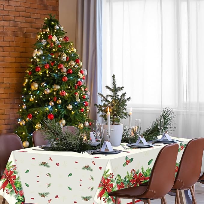 OBUSATT 3pcs Christmas Party Tablecloth Holly and Pine Cone Merry Christmas Holiday Table Cloth 108 x 54 Inch Rectangle Waterproof Xmas Holiday Table Cover Decorations for Christmas Party Supplies
