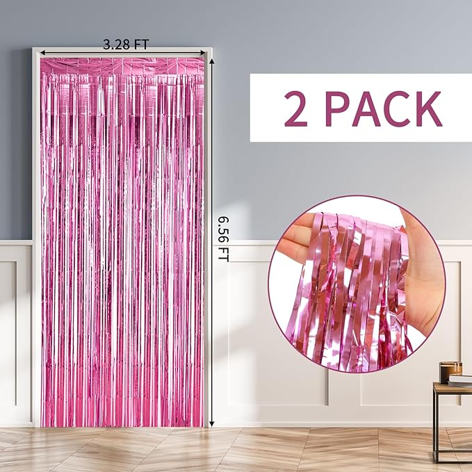 RUBFAC 2 Pack Pink Foil Fringe Curtains Party Decorations Tinsel Metallic Streamers Photo Booth Streamer for New Year Decorations Bachelorette Wedding Engagement Baby Shower Birthday Holiday