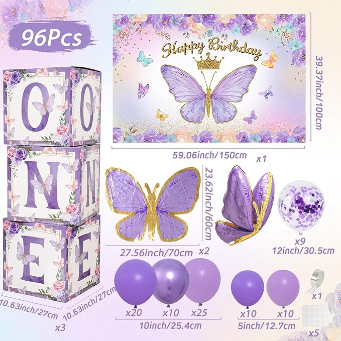 Butterfly First Birthday Decorations for Girl, Purple Butterfly Themed 1st Birthday Party Balloon Arch Kit with Backdrop Boxes Foil Balloons Wall Decor, Princess Bday Party Supplies