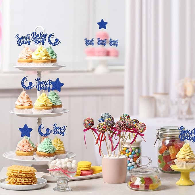 Gyufise 24Pcs Baby Shower Boy Cupcake Toppers Glitter Star Moon Sweet Baby Boy Cupcake Picks Baby Shower Boys Birthday Party Cake Decorations Supplies Deep Blue