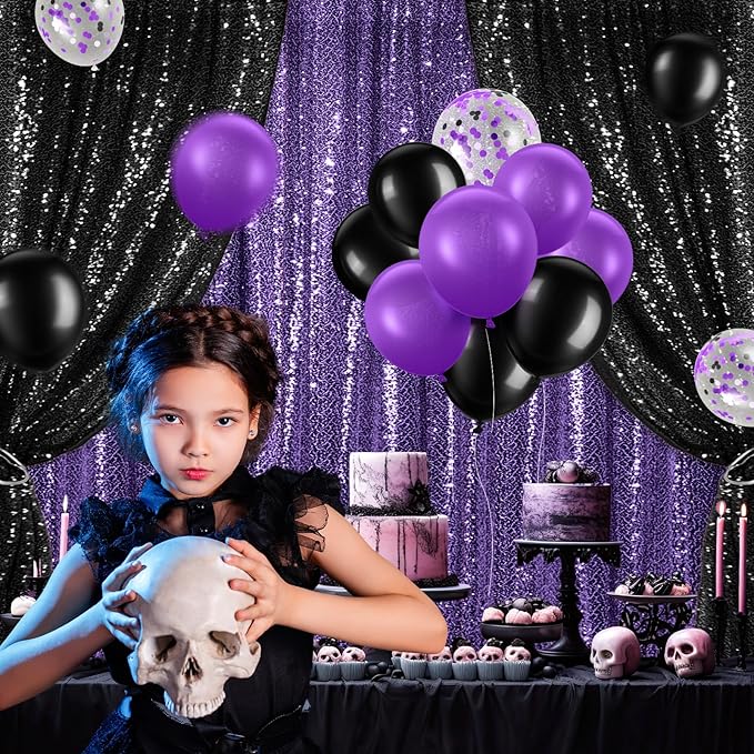 137 Pcs Purple Black Party Backdrop Kits - 4 Sequin Backdrop Curtain 133 Balloon Arch Garland Kit Photo Background for Graduation Birthday Weeding Decor