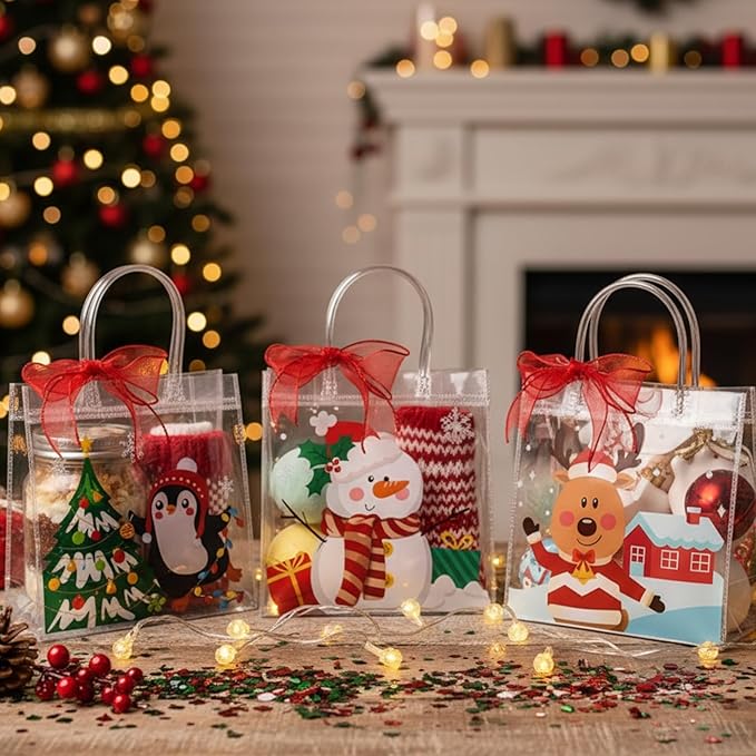 Henoyso 12 Pcs Christmas Clear Gift Bags Plastic Candy Treat Goodie Bags Red Foil Santa PVC Wrap Totes with Handles and Ribbon Xmas Party Favors (Santa and Snowman,7.8 x 7.8 x 3.1 Inch)