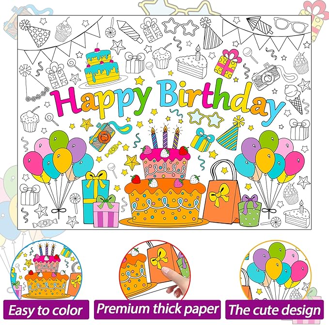 ZOIIWA Happy Birthday Coloring Poster for Kids Giant Coloring Sheet Classroom Large Big Birthday Tablecloth for Wall Jumbo Page Books Party Game Crafts Activity Supplies Decoration Favor