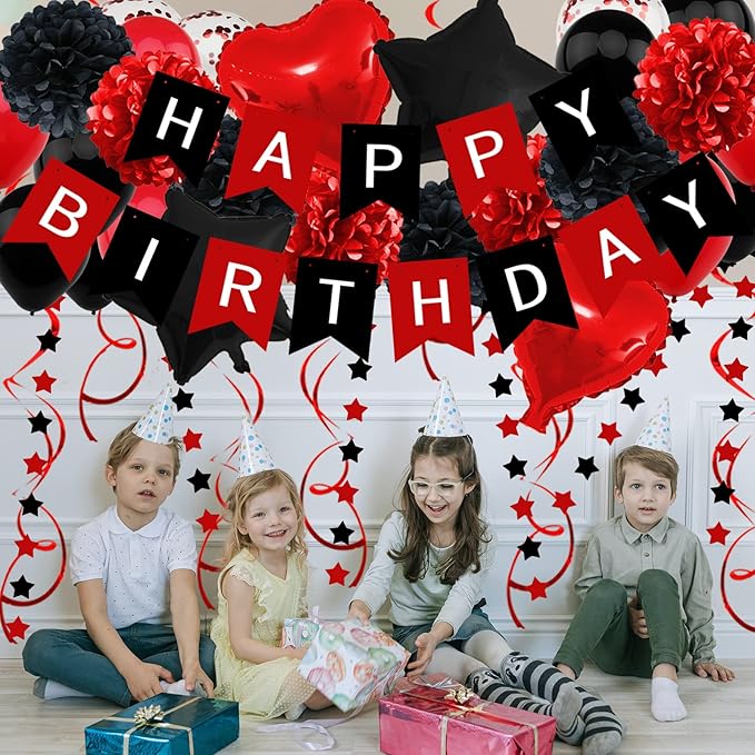 ZERODECO Birthday Decorations - Black & Red Party Decorations with Happy Birthday Banner, Pompoms, Balloons for Boys, Girls, Men & Women
