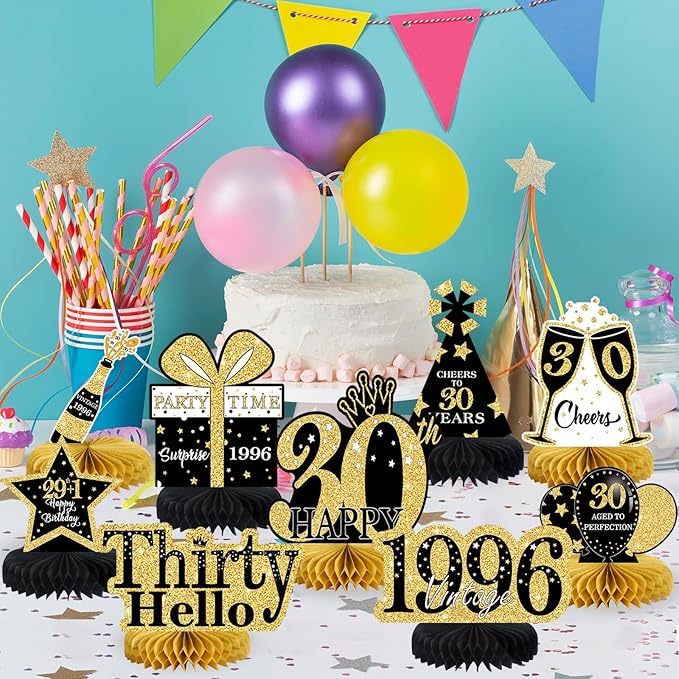 9 Pcs 30th Birthday Decorations Honeycomb Centerpieces for Women Men, Black Gold 1996 Aged to Perfection Vintage Centerpieces for Tables Toppers,Thirty Years Party Decorations Supplies