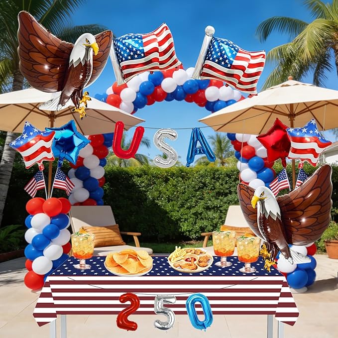 15 Pcs Patriotic Party Pack with Large 32 Inch Eagle Balloons & Tablecover, USA Red White Blue Party Decor for 4th of July Election Day Veterans Day