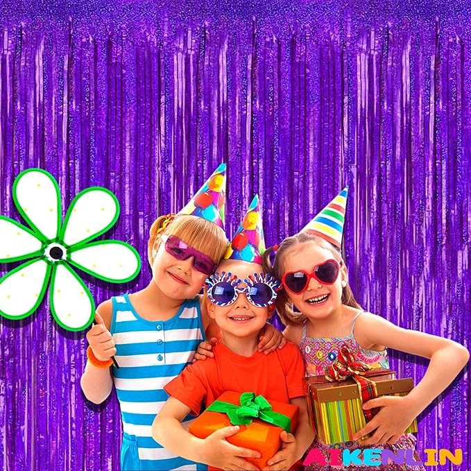 4 Pack 3.2Ft x 8.2Ft Purple Foil Fringe Curtain Backdrop, Metallic Tinsel Foil Fringe Streamers Curtains Background for Photo Booth, Birthday, Wedding, Disco, Bachelorette, Christmas Party Decoration