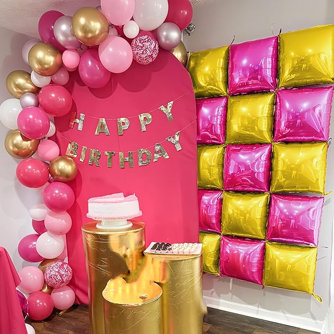 Hot Pink Gold Square Foil Balloons, 25PCS Double Sided Metallic Gold Chrome Pink Square Balloons Backdrop Wall Tunnel Arch Kit Background for Girls Women Birtdays Wedding Baby Shower Valentine