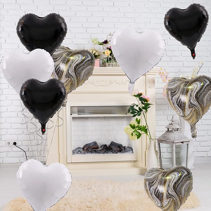 Black White Foil Heart Balloons, 10PCS Black White Agate Heart Shape Balloons, Valentines Balloons 18inch Black Foil Balloon for Helium Valentine Decorations for Wedding, Baby Shower, Anniversary