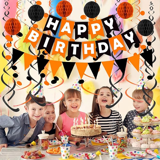 Fecedy Black Orange Happy Birthday Banner Paper Triangle Flag Bunting Circle Confetti Dots Hanging Garland and Honeycomb Ball Swirl Streamers for Birthday Baby Shower Halloween Party Decoration