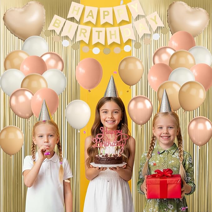 Beige Birthday Decorations,Happy Birthday Banner with Cream Nude Champagne Gold Balloon Heart Foil Balloons Fringe Curtain for Women Men Boho Baby Shower Party Decor